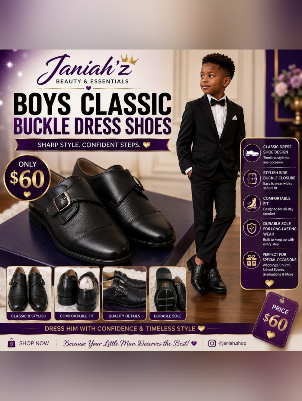 Oxford Boy's Navy and Black Leather Buckle Shoes